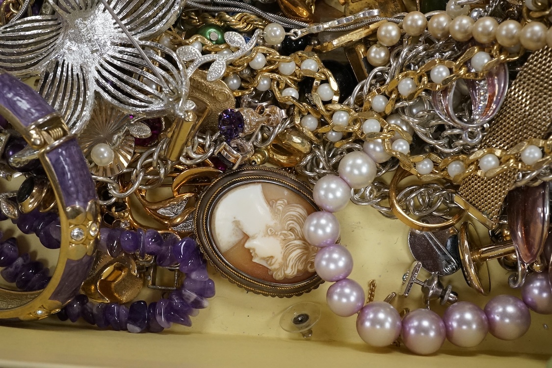 A quantity of assorted costume including necklaces, bangle, etc. and two wrist watches.
